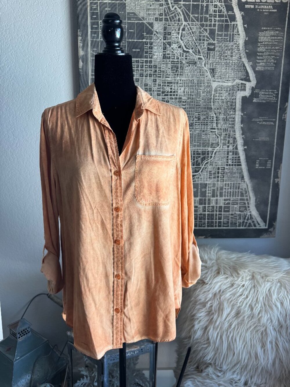 Size S - Velvet Heart Washed Soft Apricot Button Up with Tab Sleeves and Front P